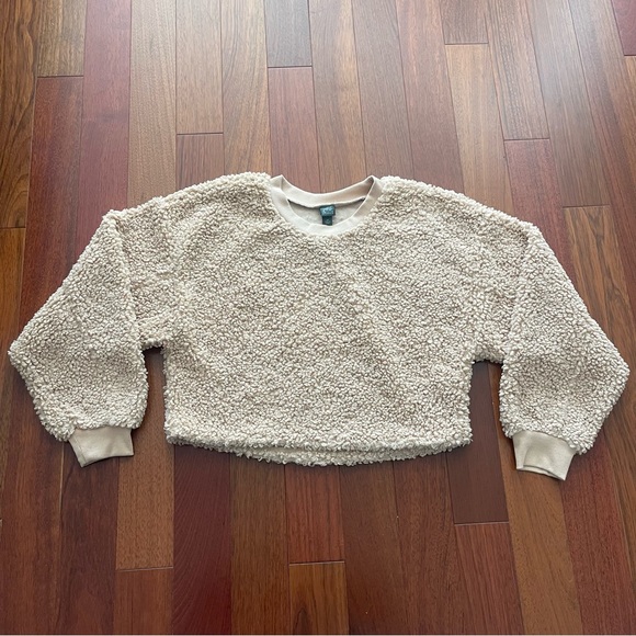 Tan Teddy Sherpa Oversized Cropped Crewneck Sweater - Picture 2 of 3